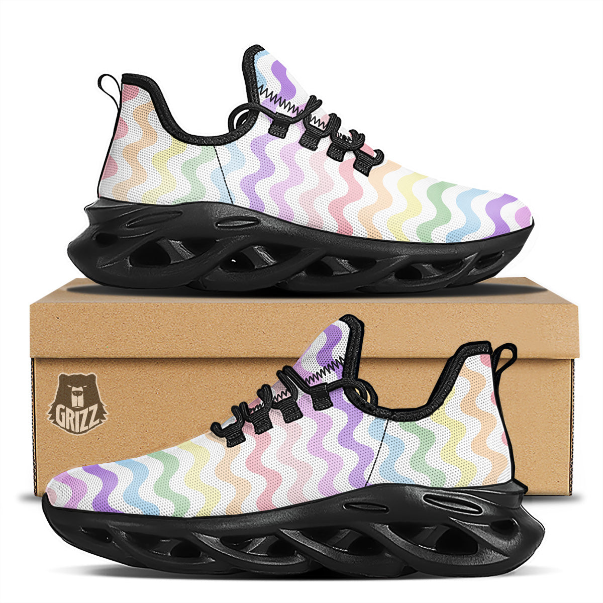 Pastel Wave Striped Print Black Running Shoes-grizzshop