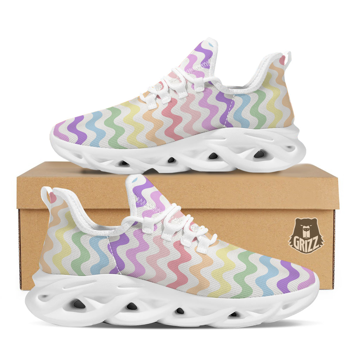 Pastel Wave Striped Print White Running Shoes-grizzshop
