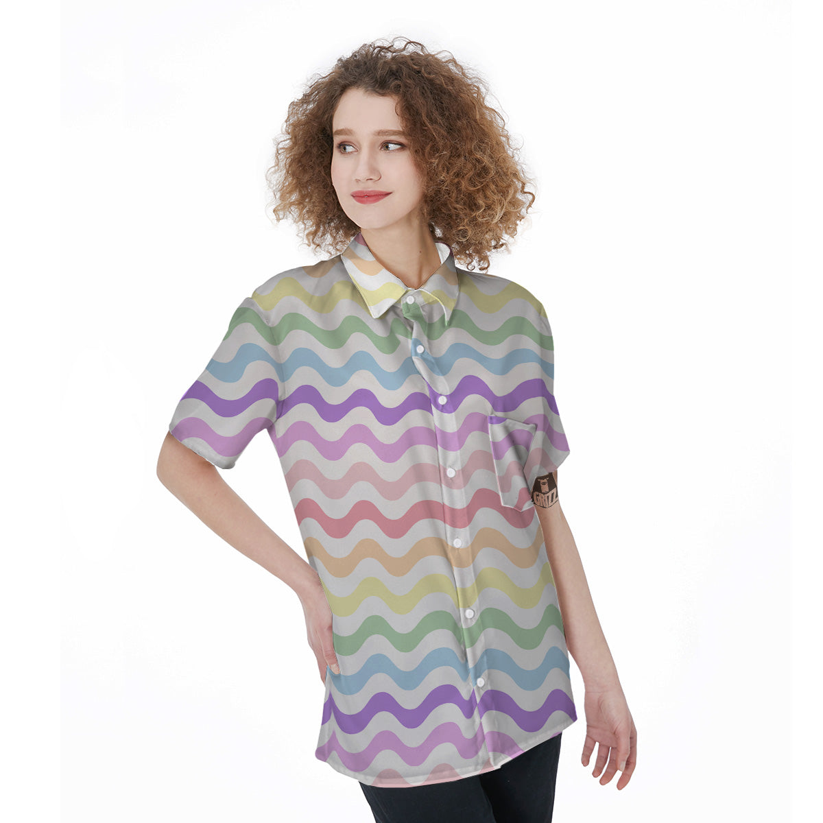 Pastel Wave Striped Print Women's Short Sleeve Shirts-grizzshop