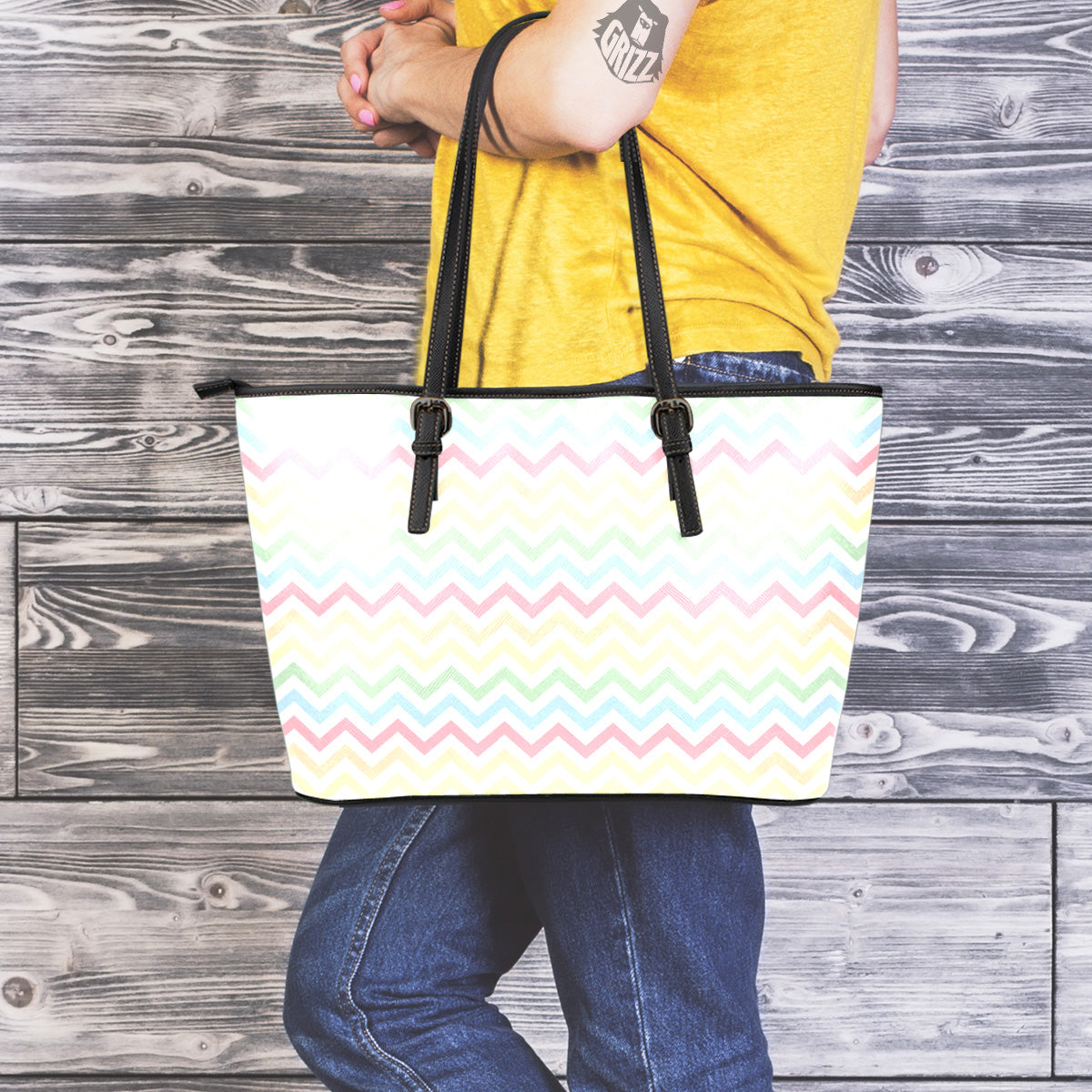 Pastel Zigzag Print Pattern Leather Tote Bag-grizzshop