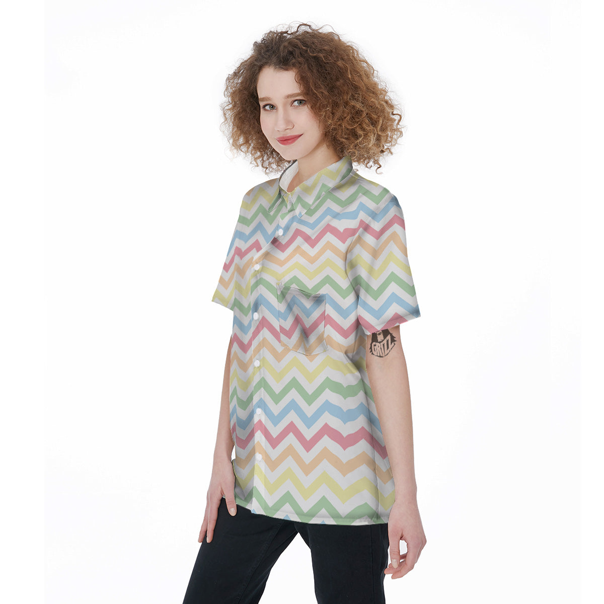 Pastel Zigzag Print Pattern Women's Short Sleeve Shirts-grizzshop