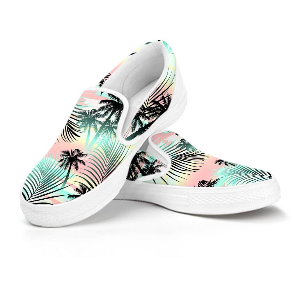 Pastel Palm Tree Hawaiian Print Men's Slip On Sneakers-grizzshop