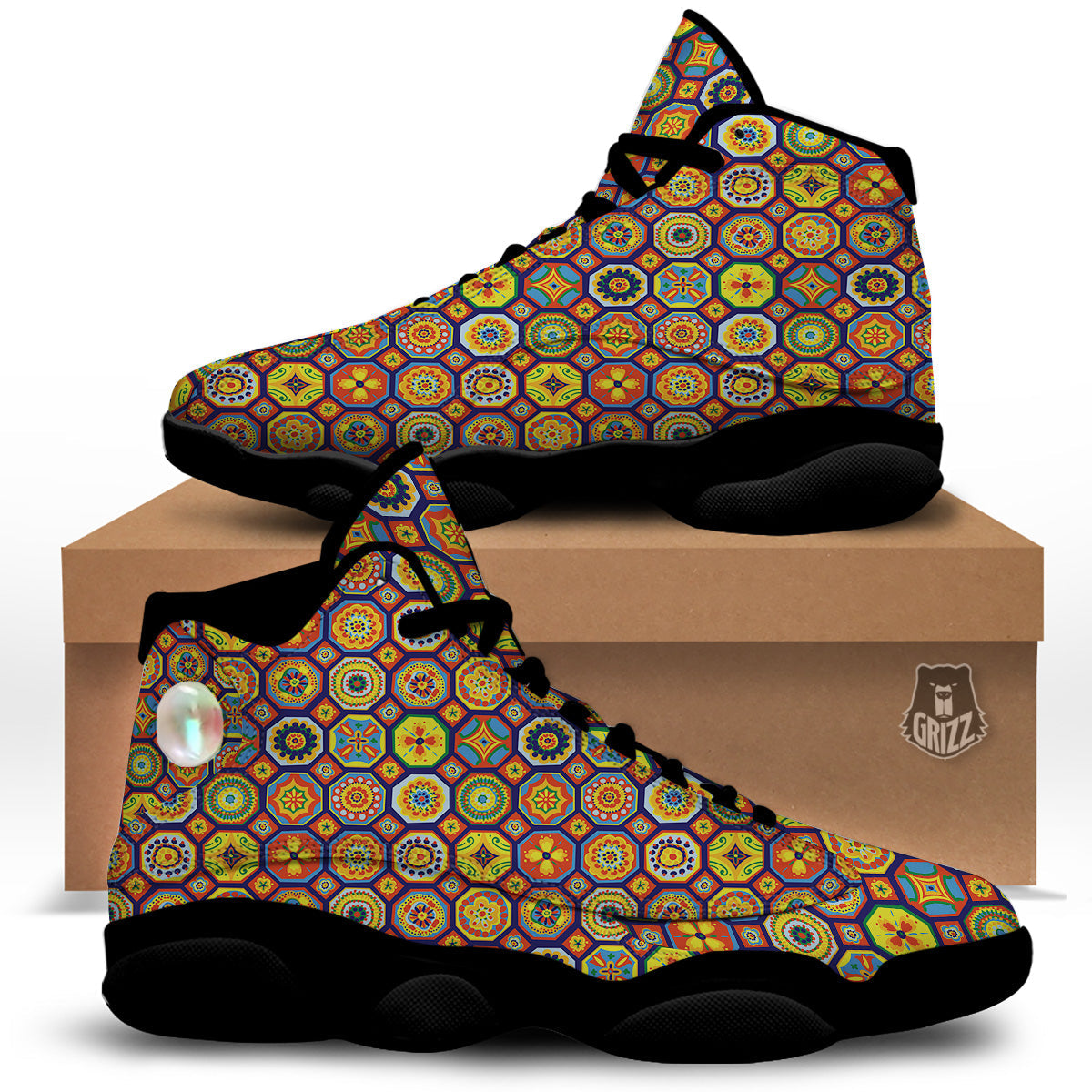 Patchwork Abstract Floral Colorful Print Pattern Black Basketball Shoes-grizzshop