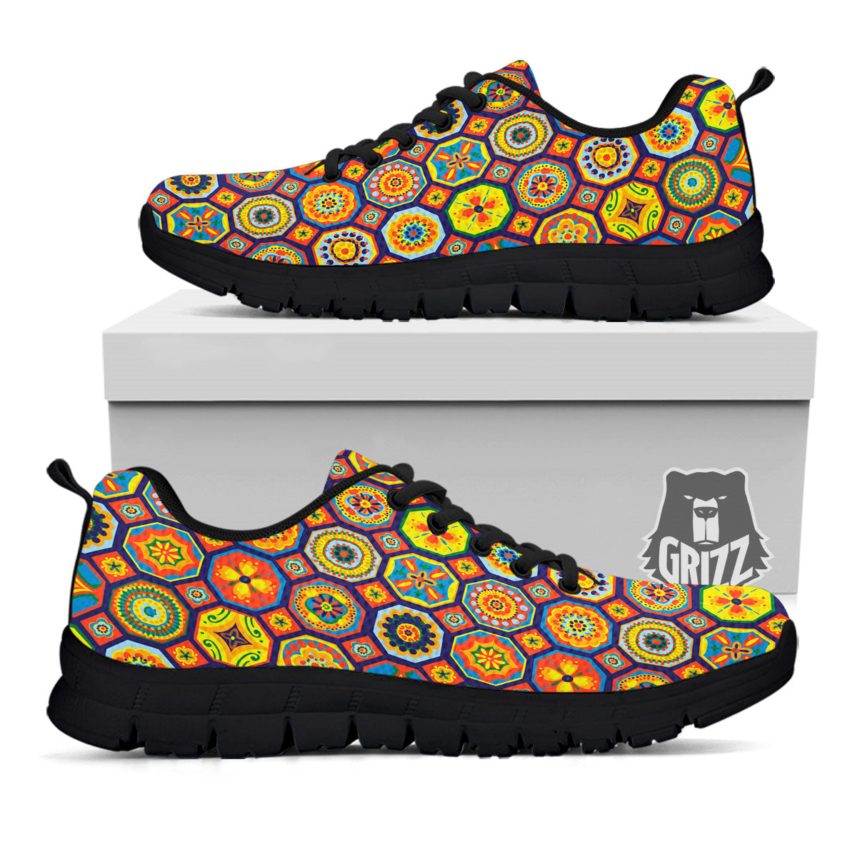 Patchwork Abstract Floral Colorful Print Pattern Black Sneaker-grizzshop