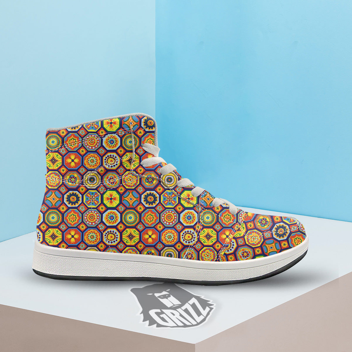 Patchwork Abstract Floral Colorful Print Pattern High Top Sneakers-grizzshop