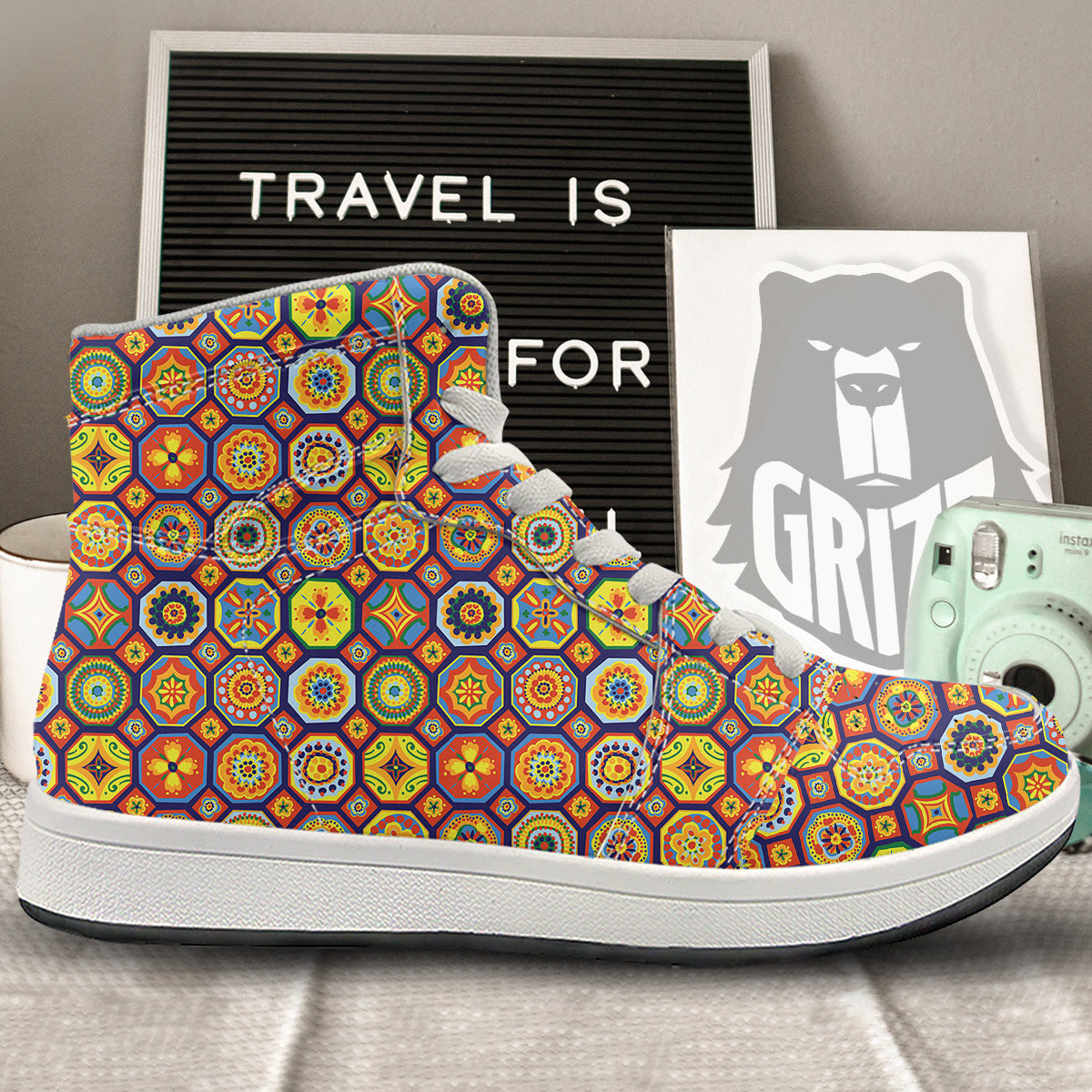 Patchwork Abstract Floral Colorful Print Pattern High Top Sneakers-grizzshop