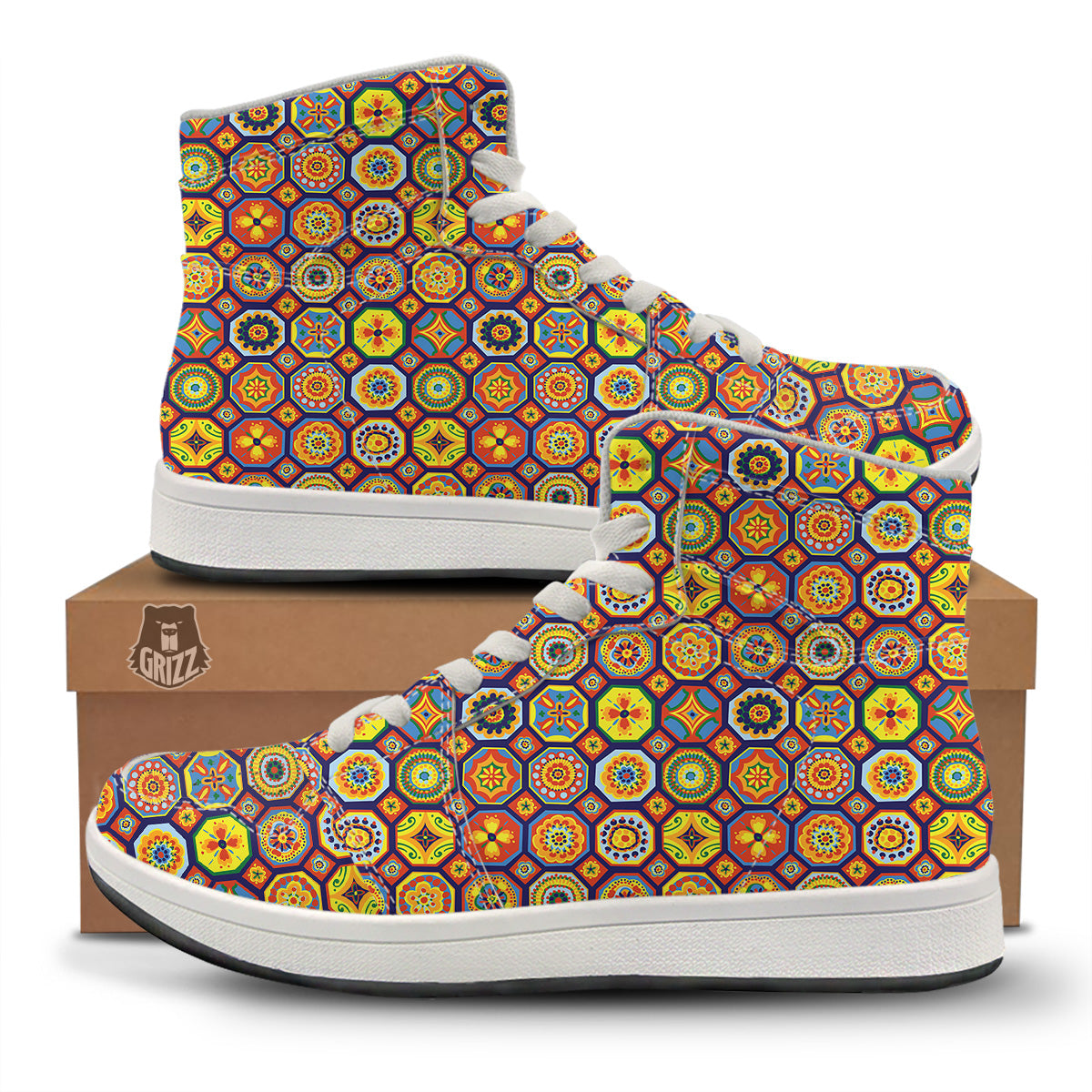 Patchwork Abstract Floral Colorful Print Pattern High Top Sneakers-grizzshop
