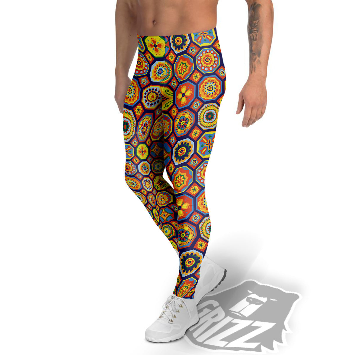 Patchwork Abstract Floral Colorful Print Pattern Men's Leggings-grizzshop