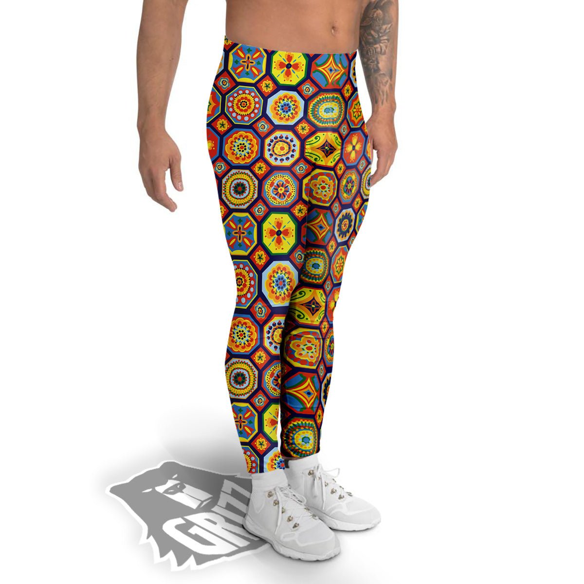 Patchwork Abstract Floral Colorful Print Pattern Men's Leggings-grizzshop