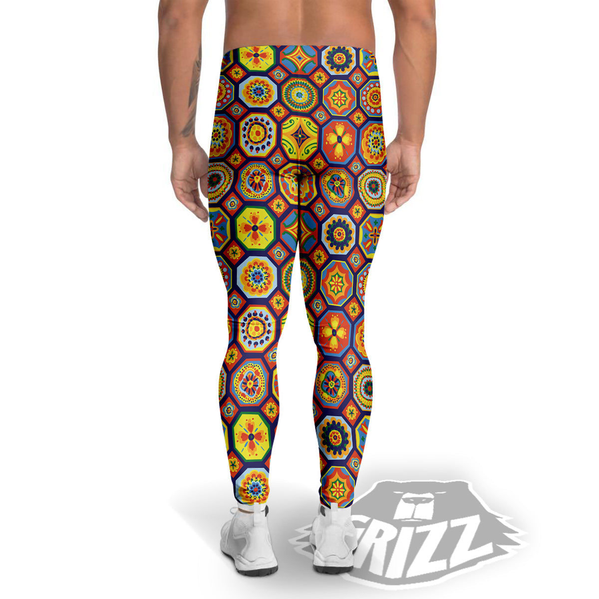 Patchwork Abstract Floral Colorful Print Pattern Men's Leggings-grizzshop