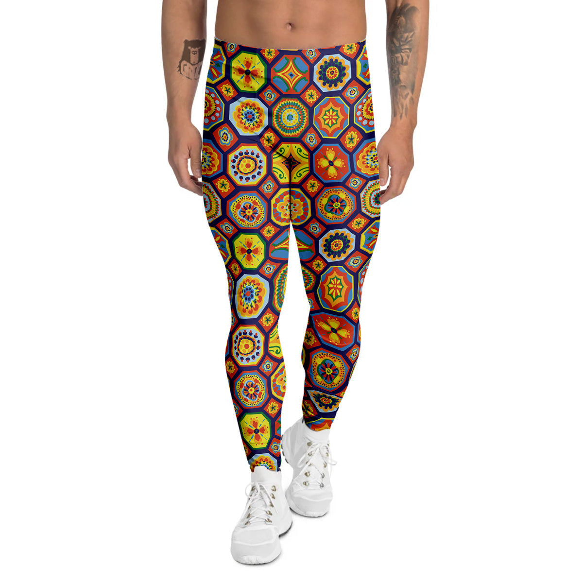 Patchwork Abstract Floral Colorful Print Pattern Men's Leggings-grizzshop