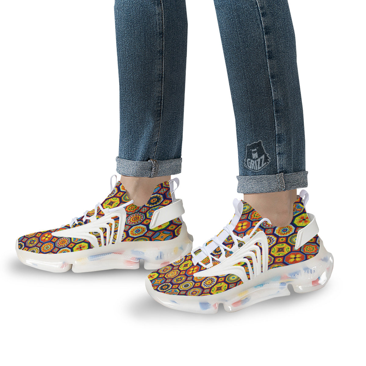 Patchwork Abstract Floral Colorful Print Pattern White Gym Shoes-grizzshop