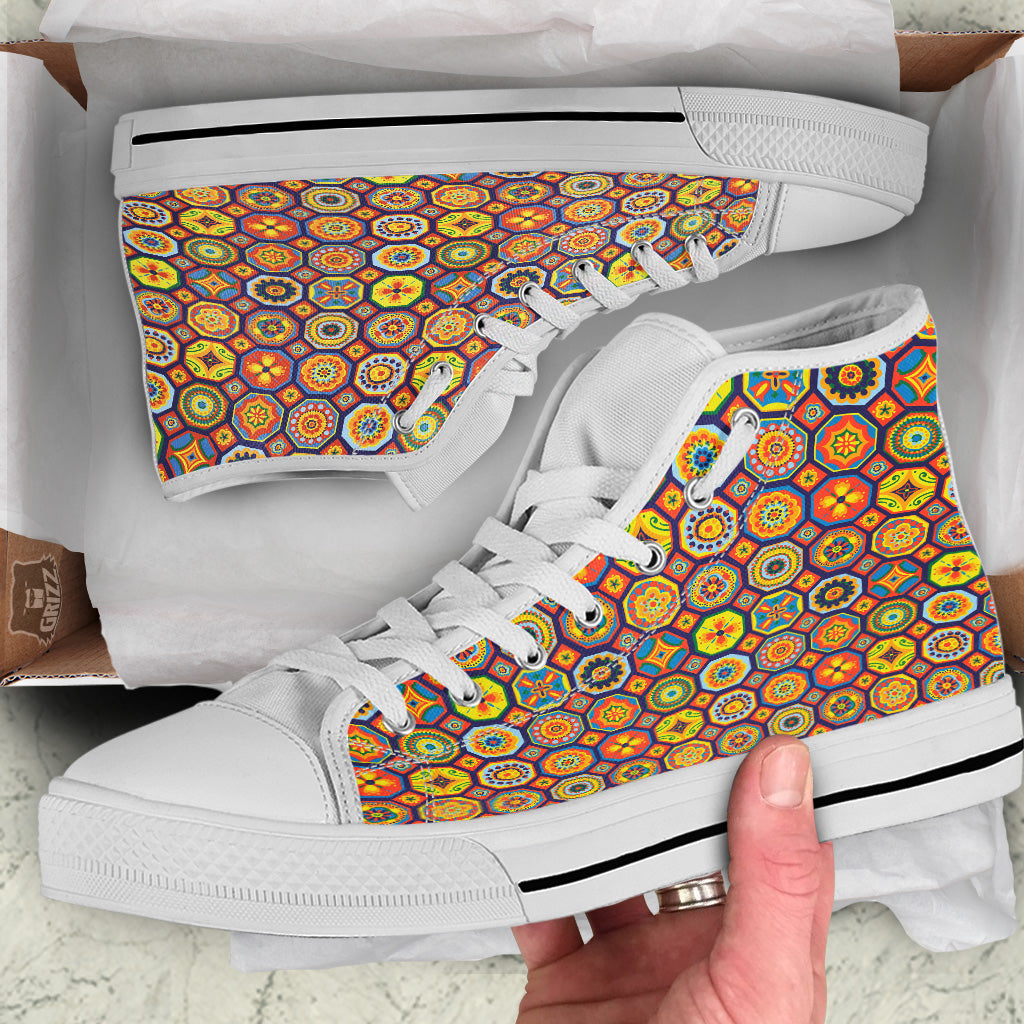 Patchwork Abstract Floral Colorful Print Pattern White High Top Shoes-grizzshop