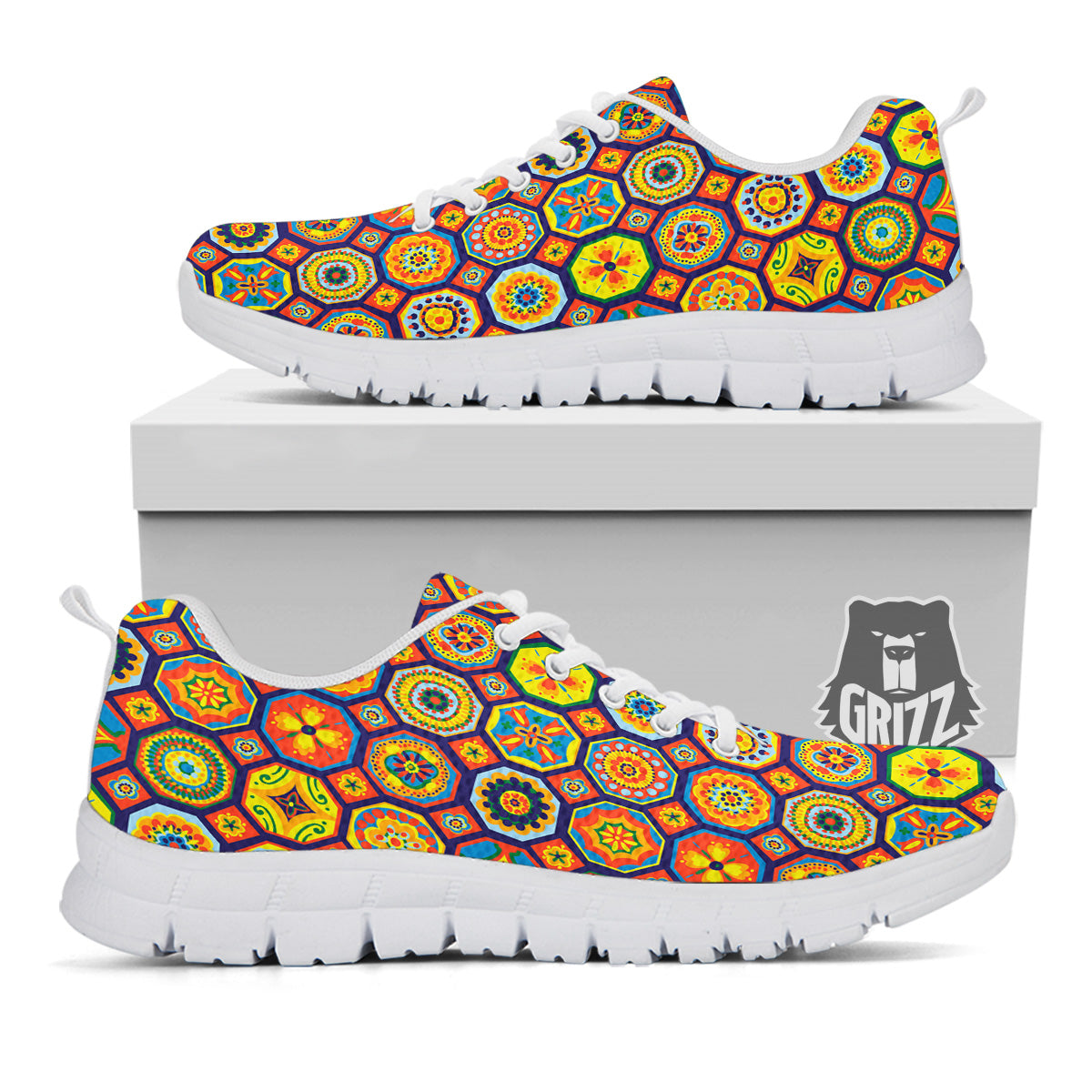 Patchwork Abstract Floral Colorful Print Pattern White Sneaker-grizzshop