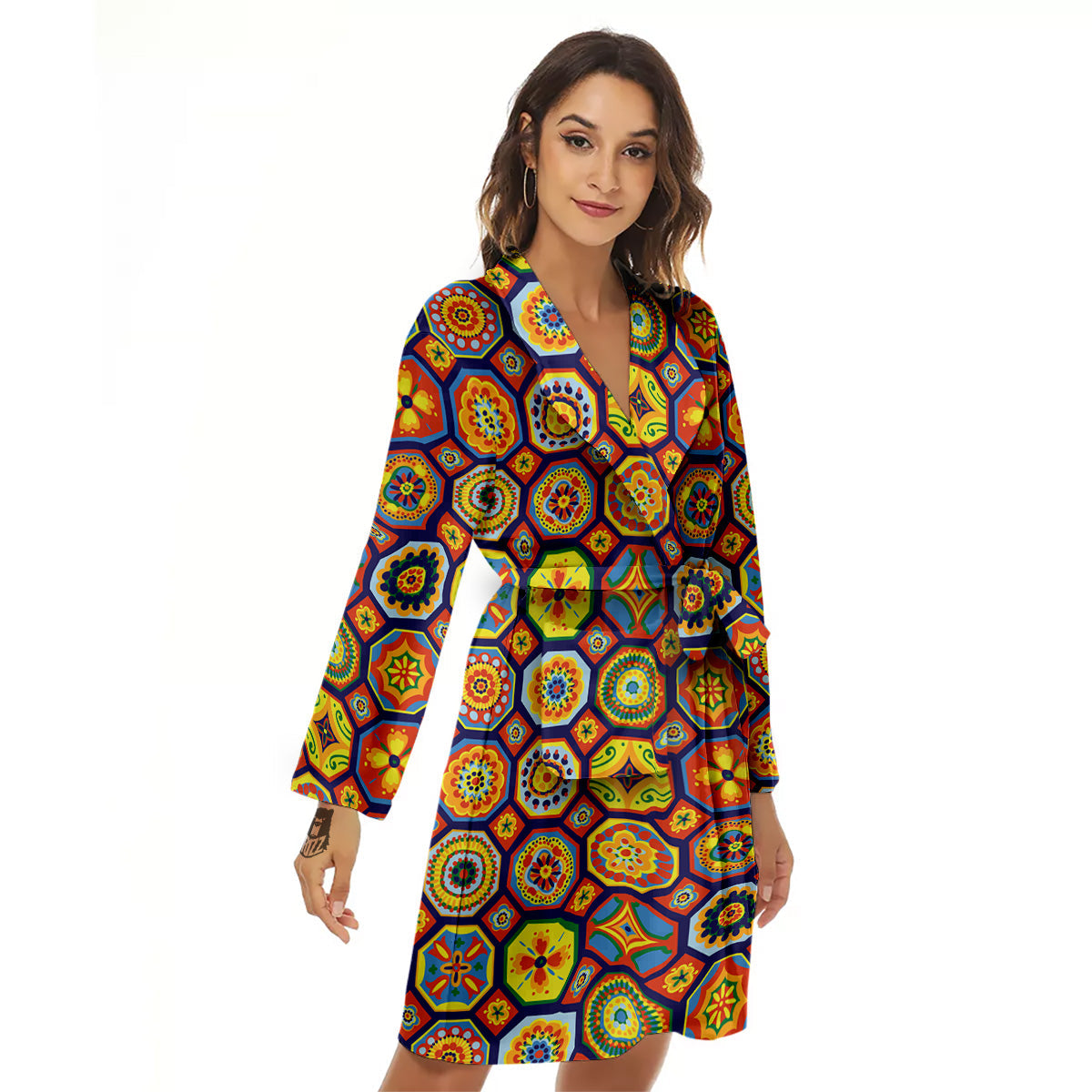 Patchwork Abstract Floral Colorful Print Pattern Women's Robe-grizzshop