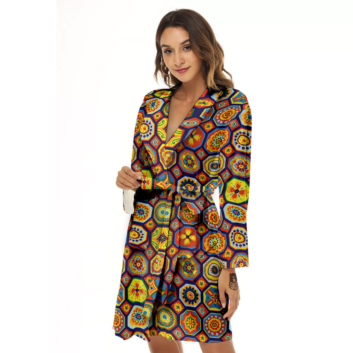 Patchwork Abstract Floral Colorful Print Pattern Women's Robe-grizzshop