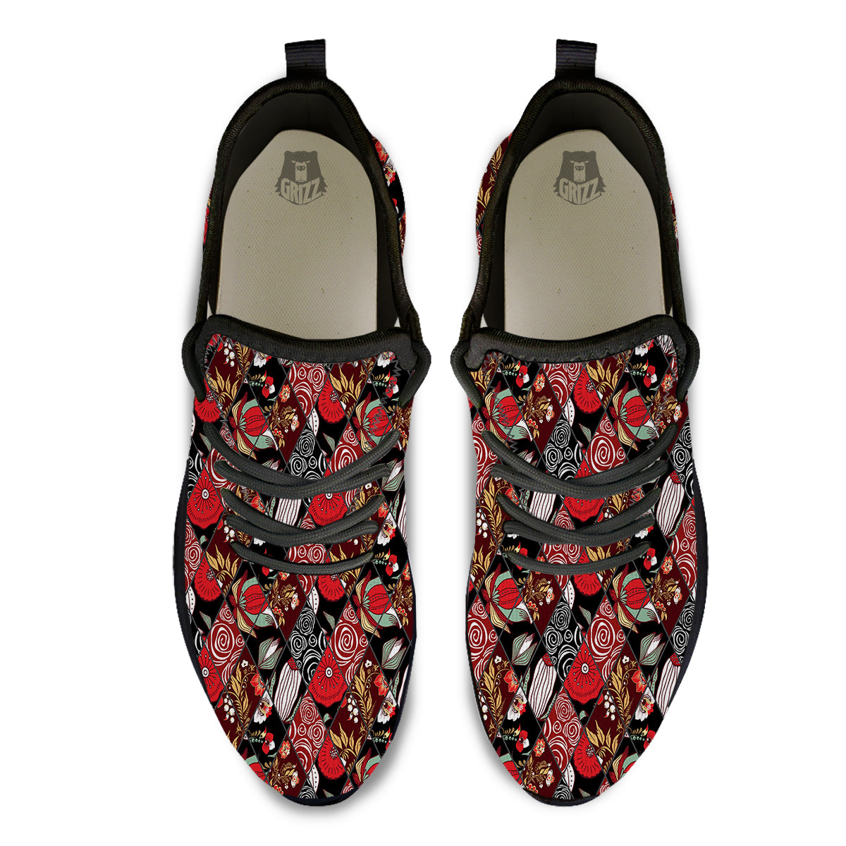 Patchwork Abstract Flower Print Pattern Black Athletic Shoes-grizzshop
