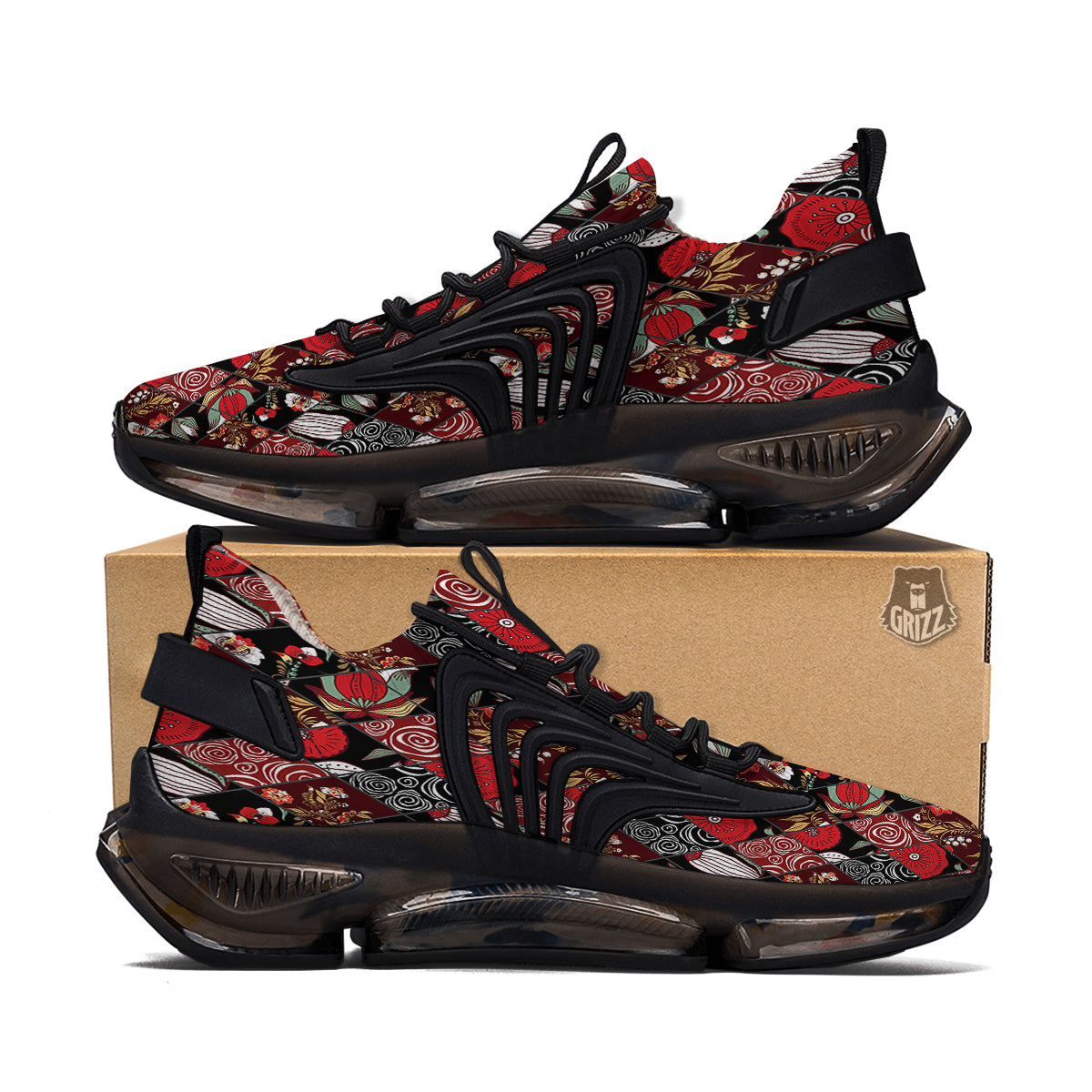 Patchwork Abstract Flower Print Pattern Black Gym Shoes-grizzshop