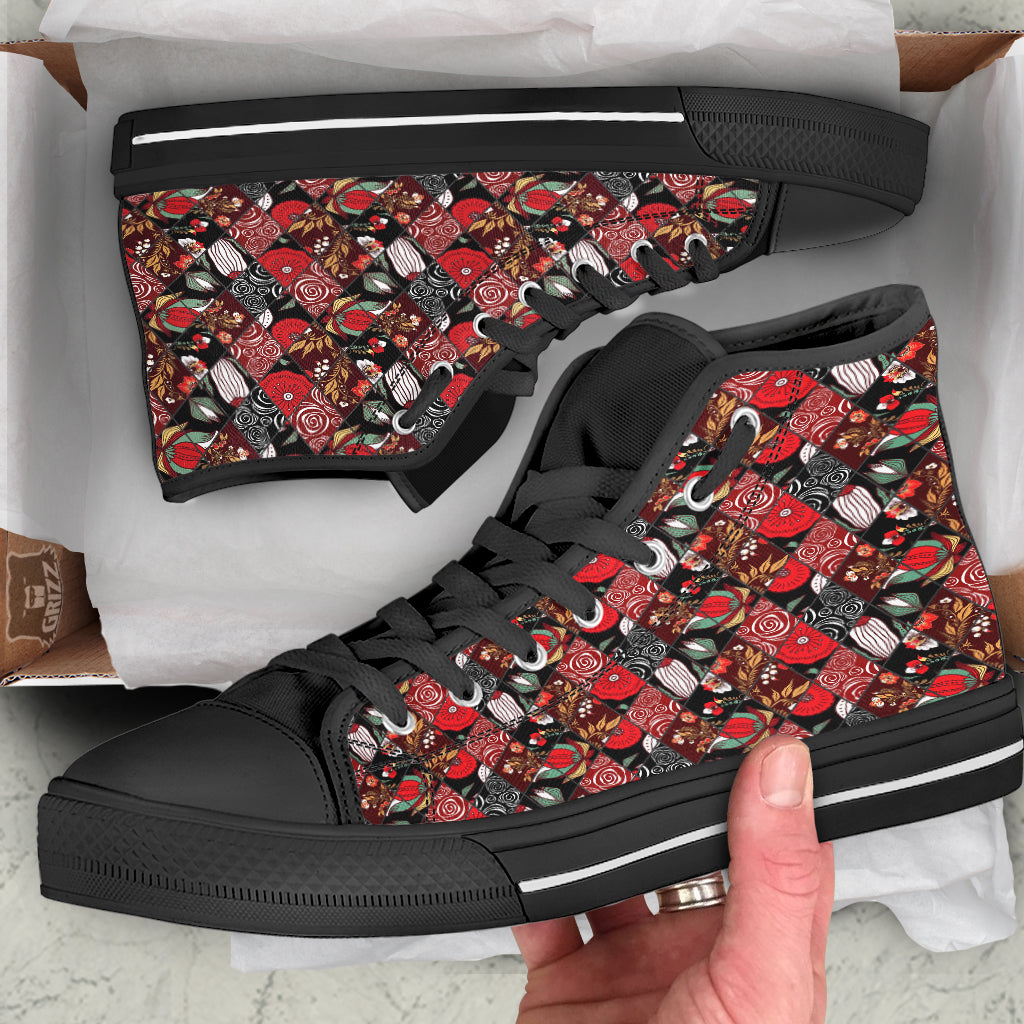 Patchwork Abstract Flower Print Pattern Black High Top Shoes-grizzshop