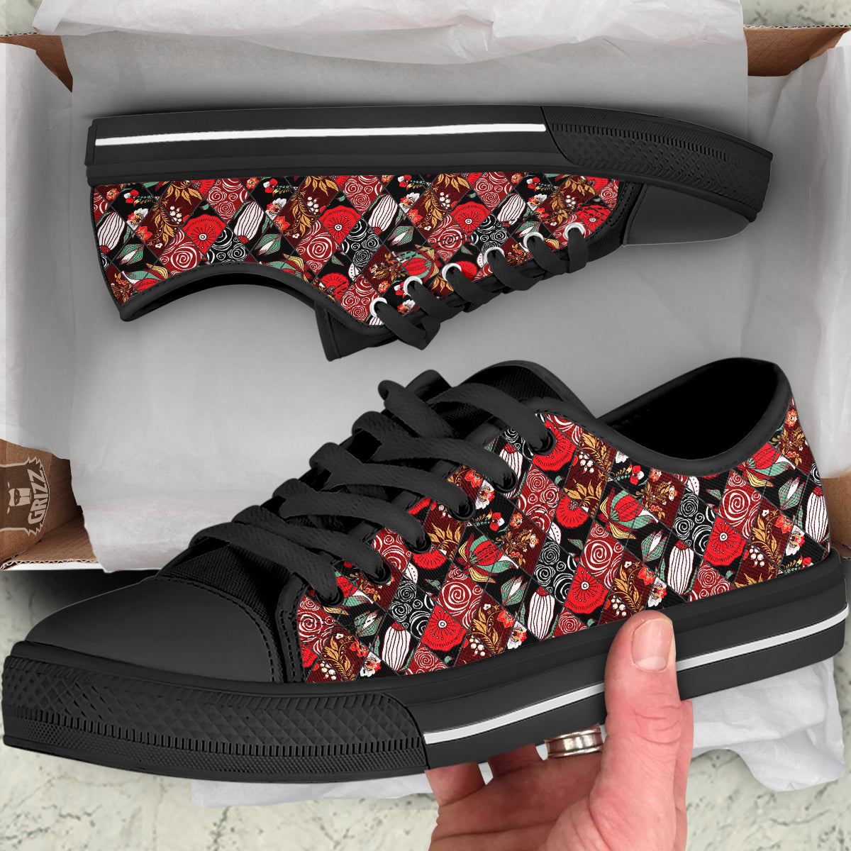 Patchwork Abstract Flower Print Pattern Black Low Top Shoes-grizzshop