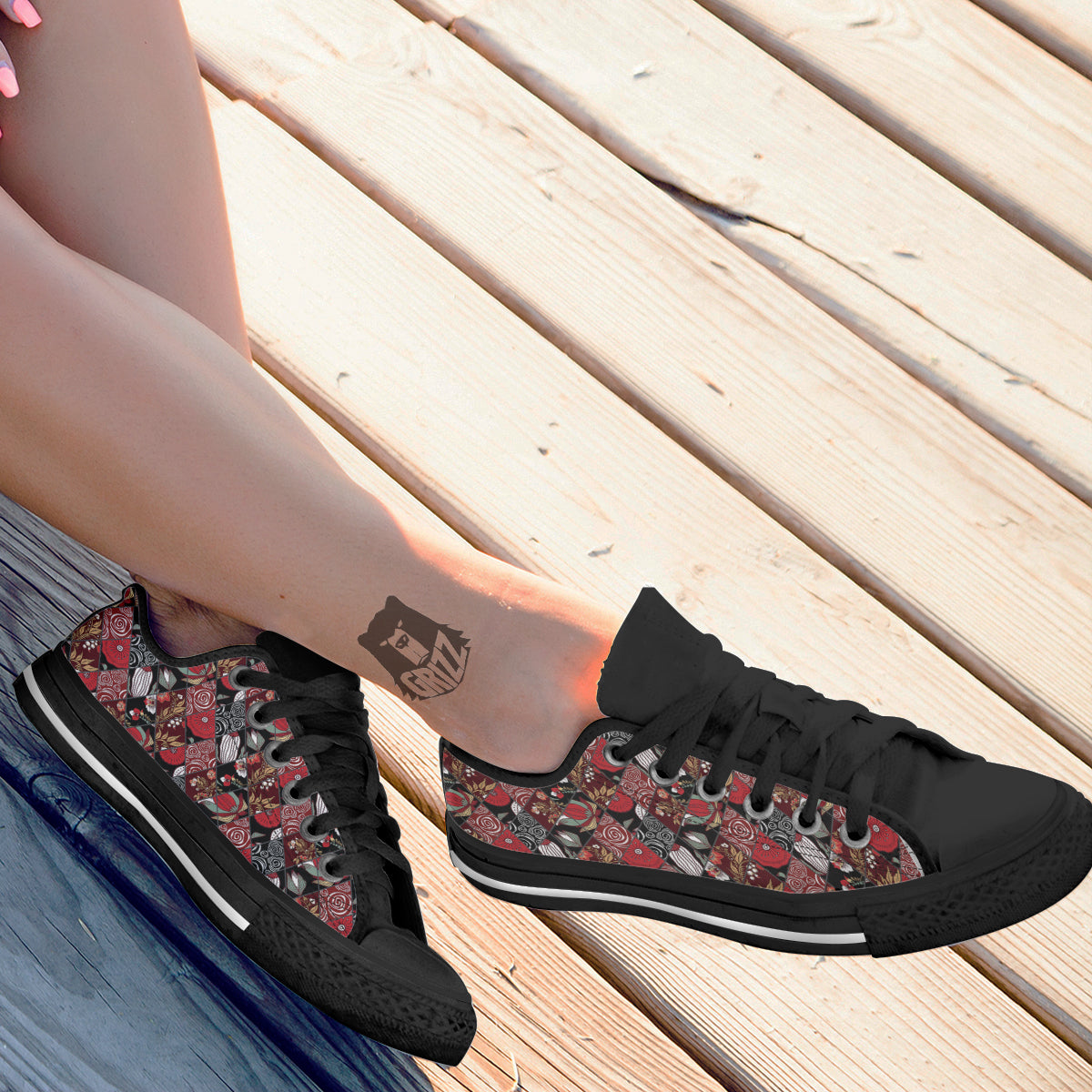Patchwork Abstract Flower Print Pattern Black Low Top Shoes-grizzshop