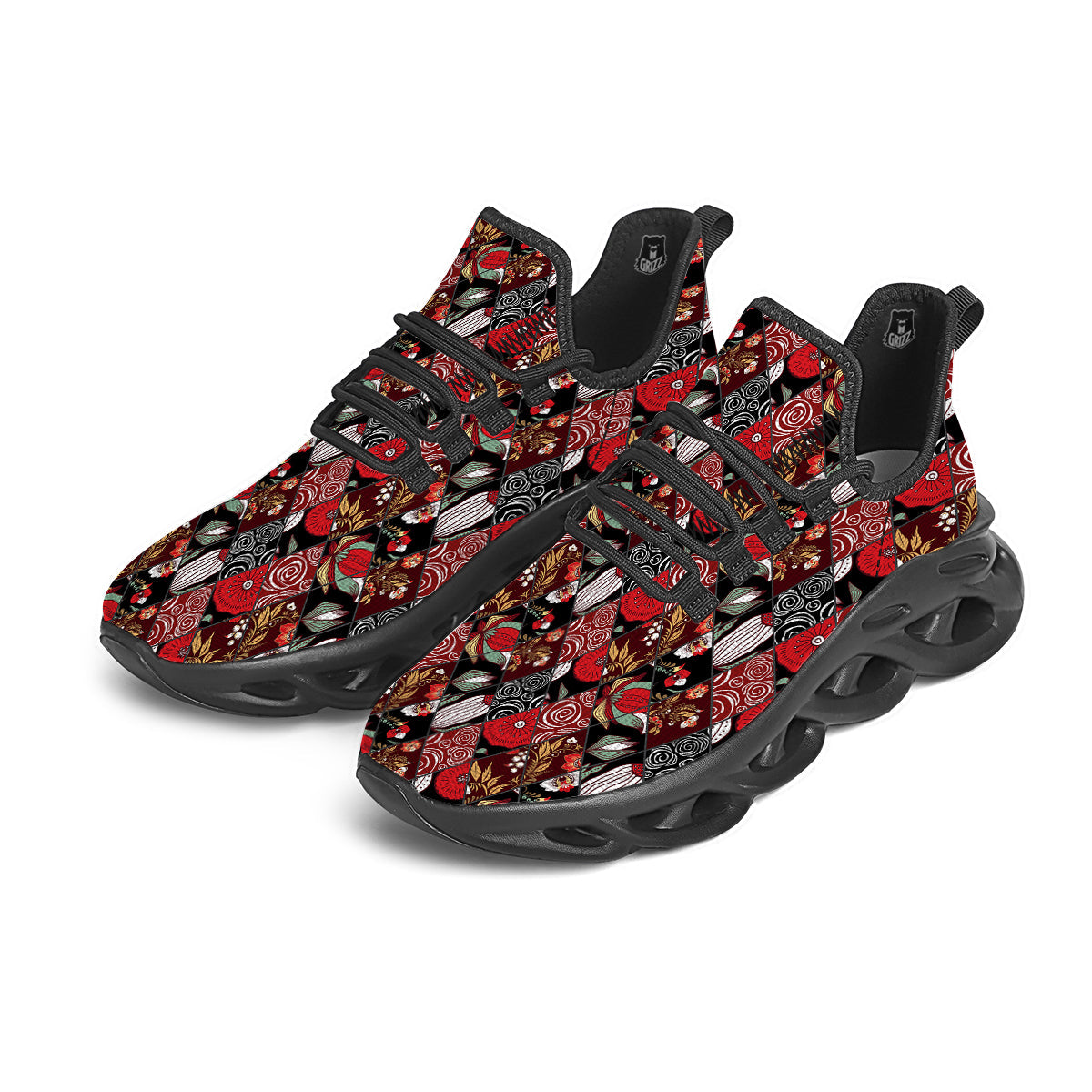 Patchwork Abstract Flower Print Pattern Black Running Shoes-grizzshop