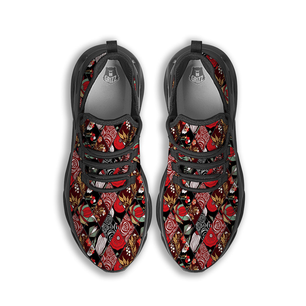 Patchwork Abstract Flower Print Pattern Black Running Shoes-grizzshop