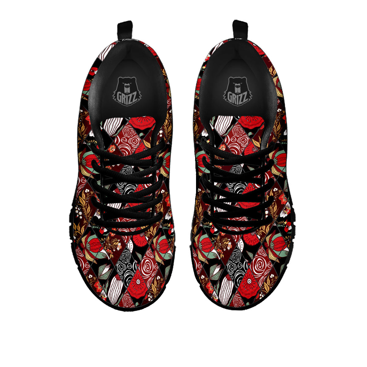 Patchwork Abstract Flower Print Pattern Black Sneaker-grizzshop