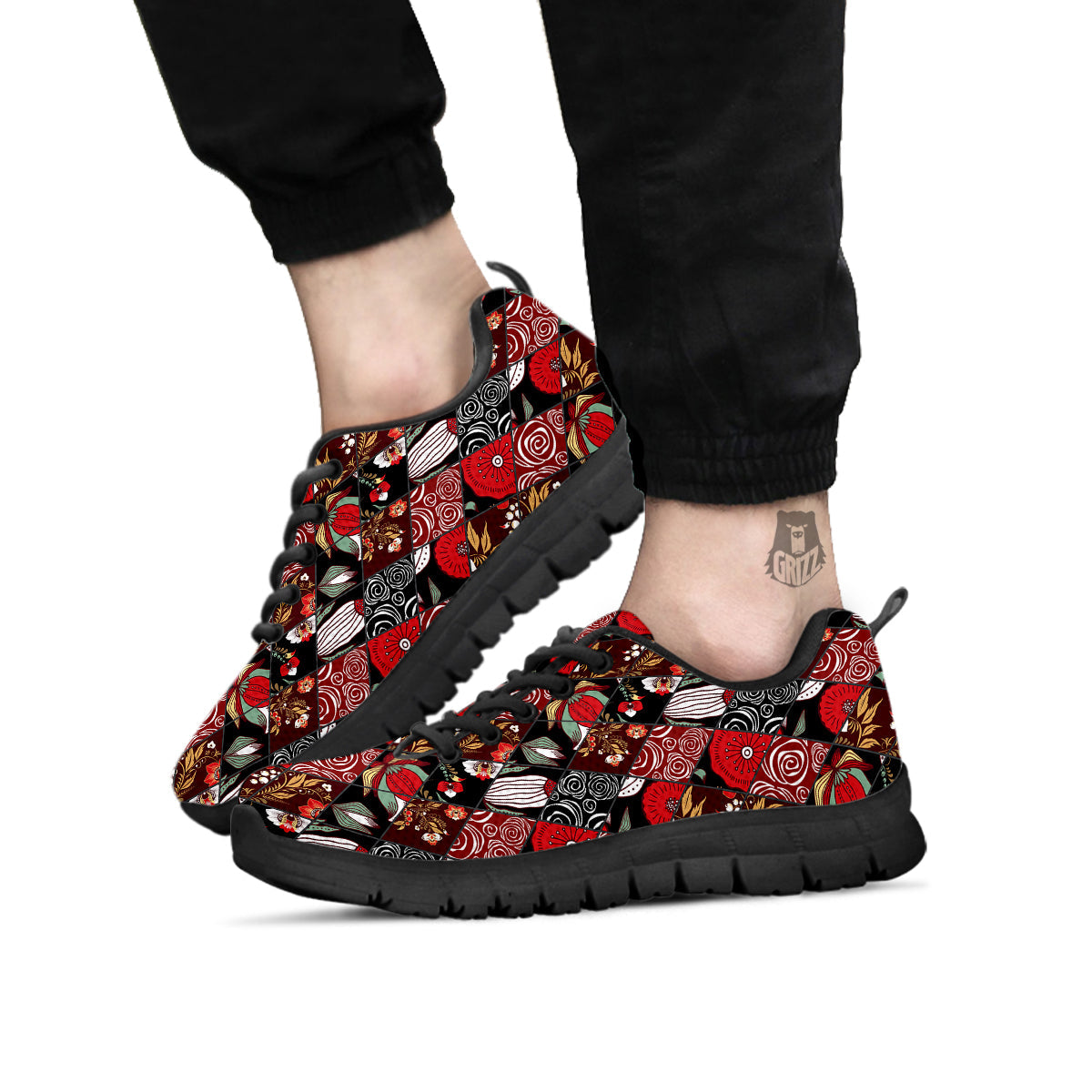 Patchwork Abstract Flower Print Pattern Black Sneaker-grizzshop