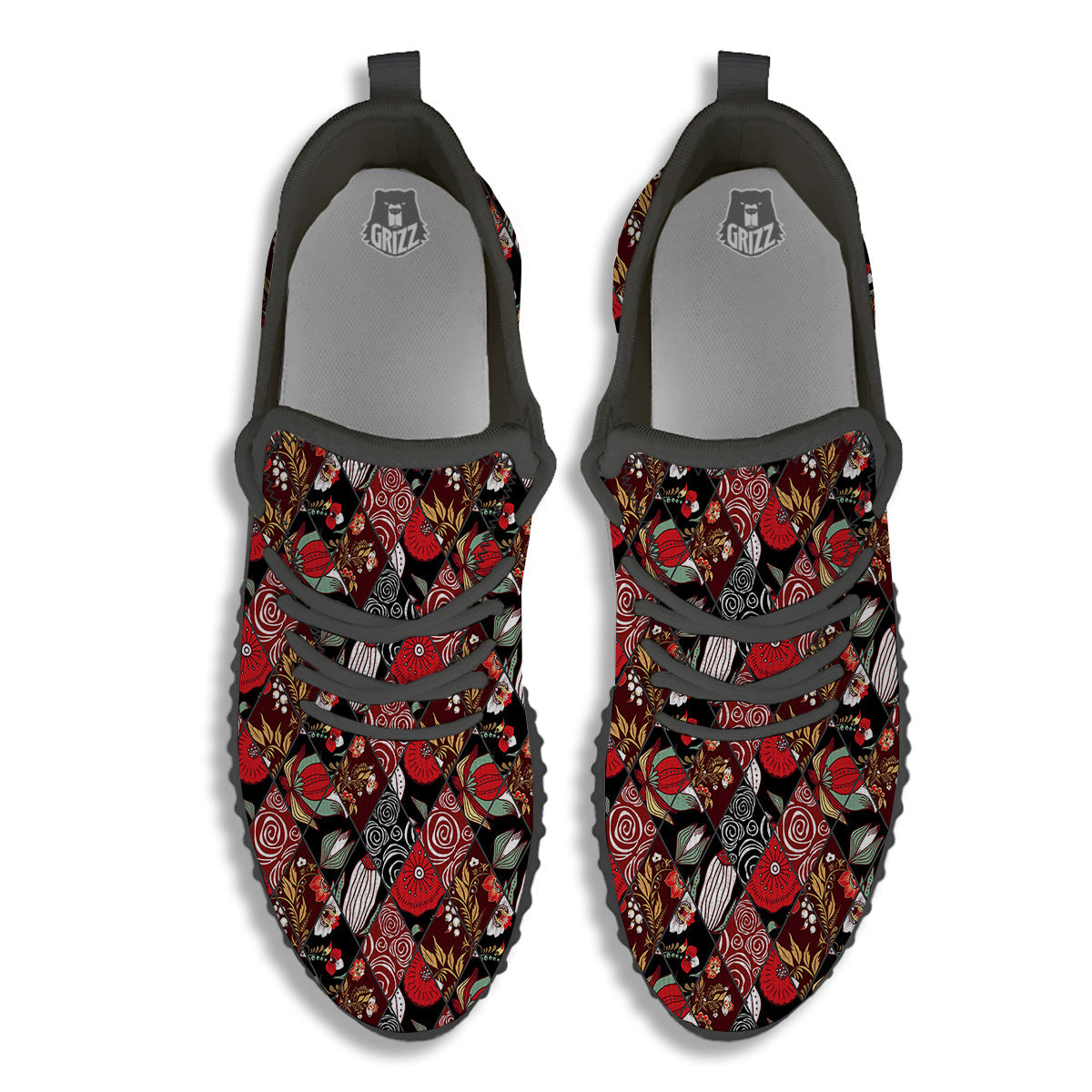 Patchwork Abstract Flower Print Pattern Black Walking Shoes-grizzshop