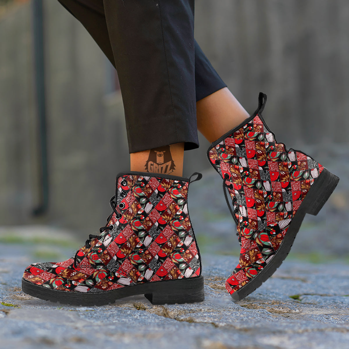 Patchwork Abstract Flower Print Pattern Leather Boots-grizzshop