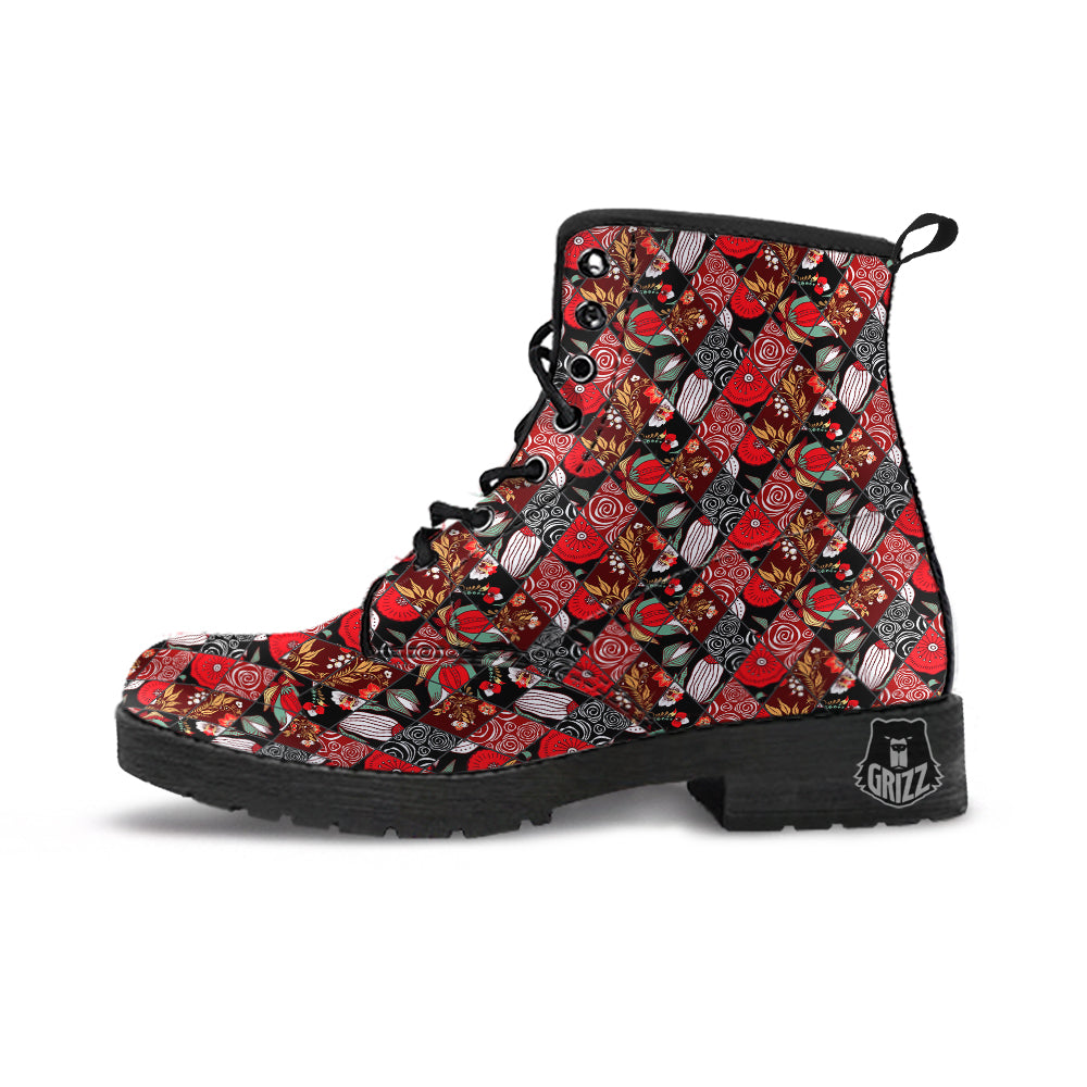 Patchwork Abstract Flower Print Pattern Leather Boots-grizzshop