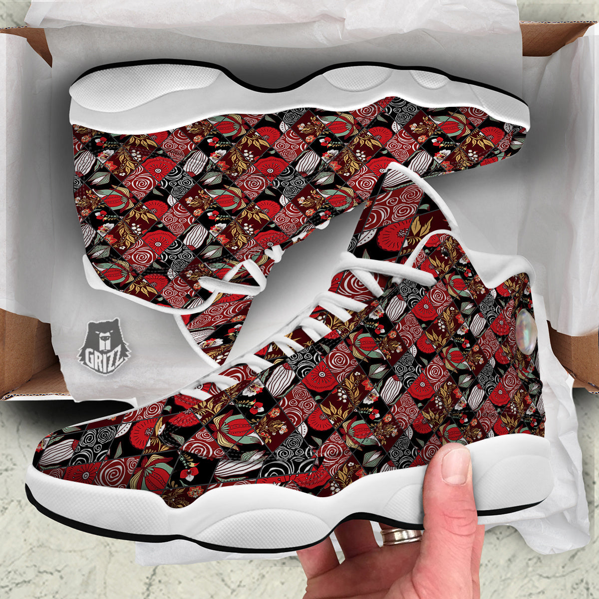 Patchwork Abstract Flower Print Pattern White Basketball Shoes-grizzshop