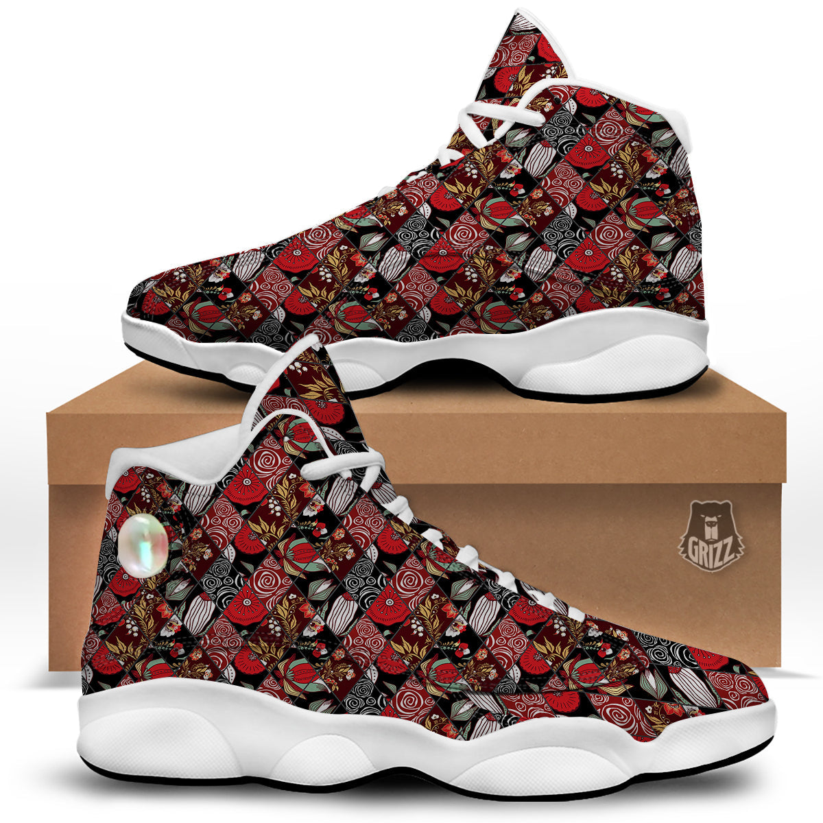 Patchwork Abstract Flower Print Pattern White Basketball Shoes-grizzshop