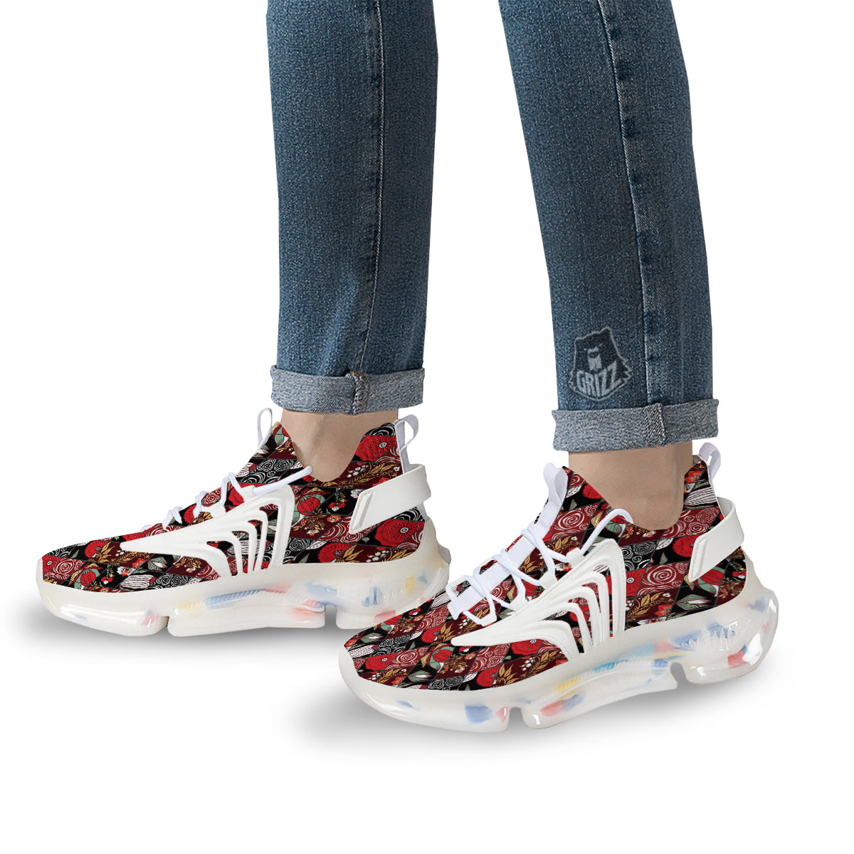 Patchwork Abstract Flower Print Pattern White Gym Shoes-grizzshop