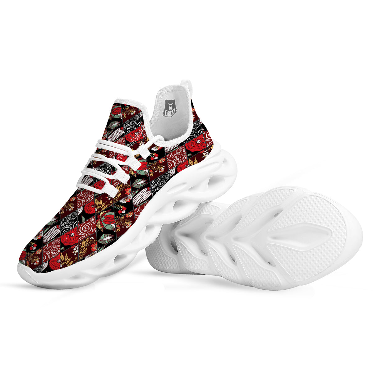 Patchwork Abstract Flower Print Pattern White Running Shoes-grizzshop