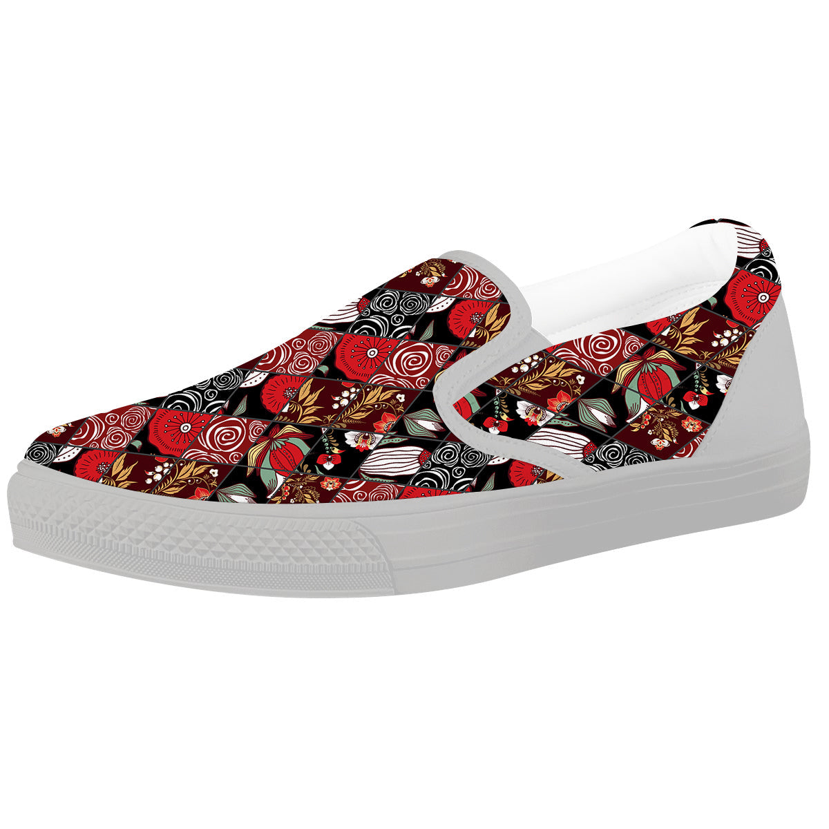 Patchwork Abstract Flower Print Pattern White Slip On Shoes-grizzshop