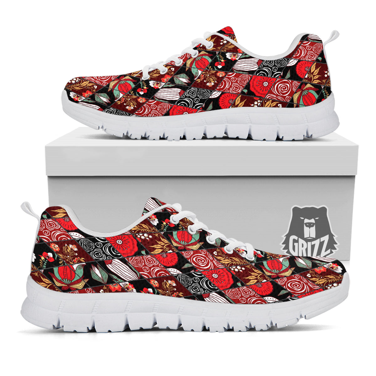 Patchwork Abstract Flower Print Pattern White Sneaker-grizzshop