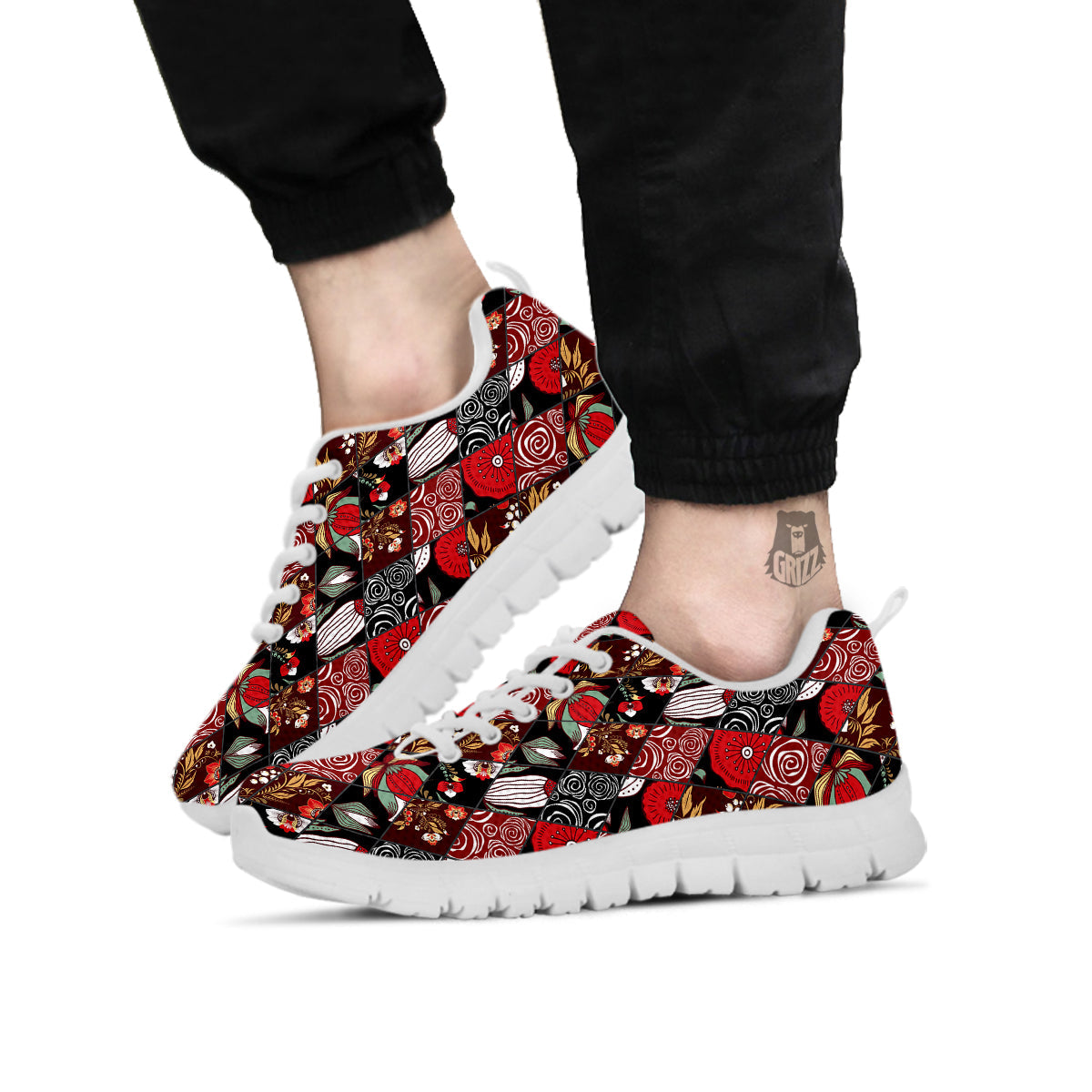 Patchwork Abstract Flower Print Pattern White Sneaker-grizzshop