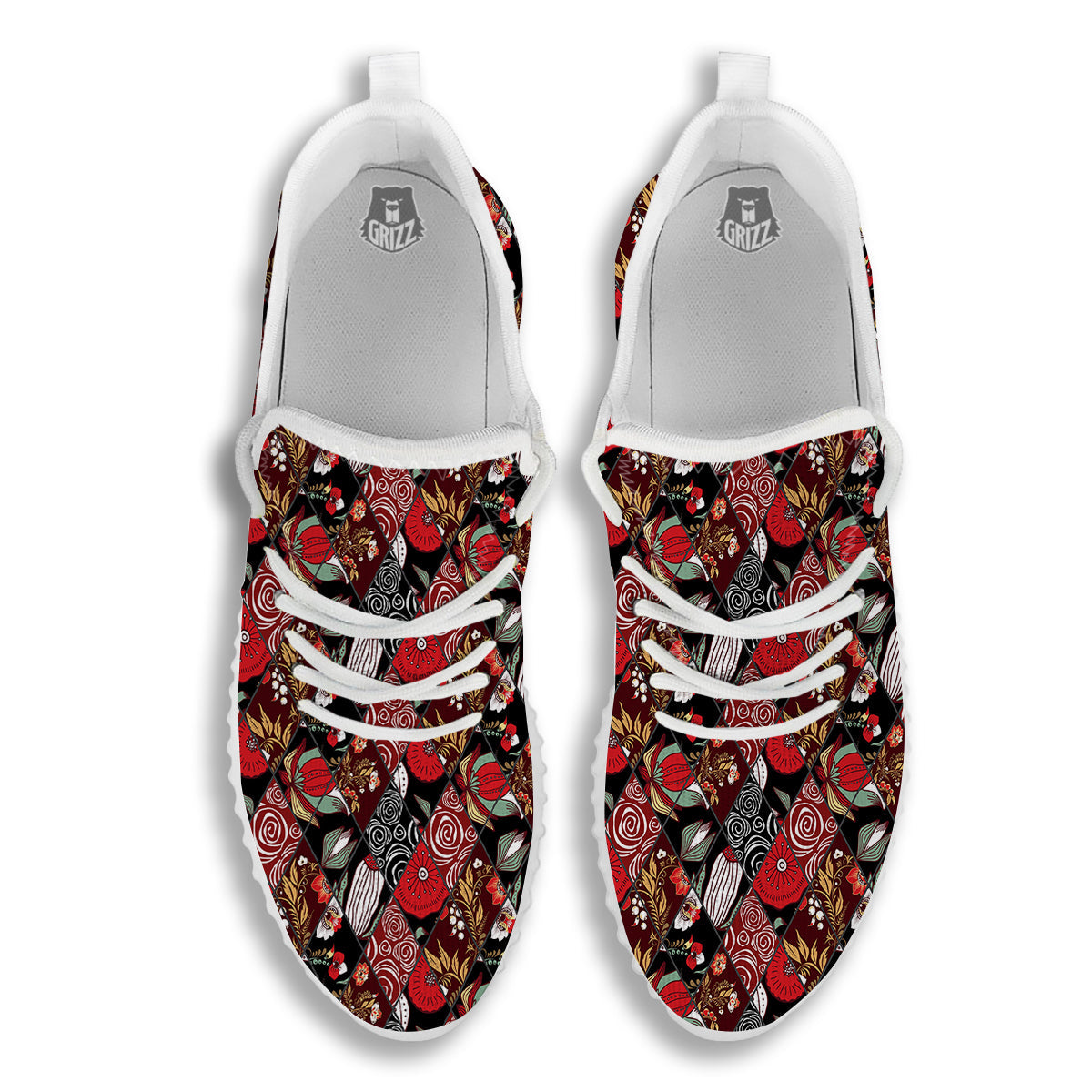 Patchwork Abstract Flower Print Pattern White Walking Shoes-grizzshop