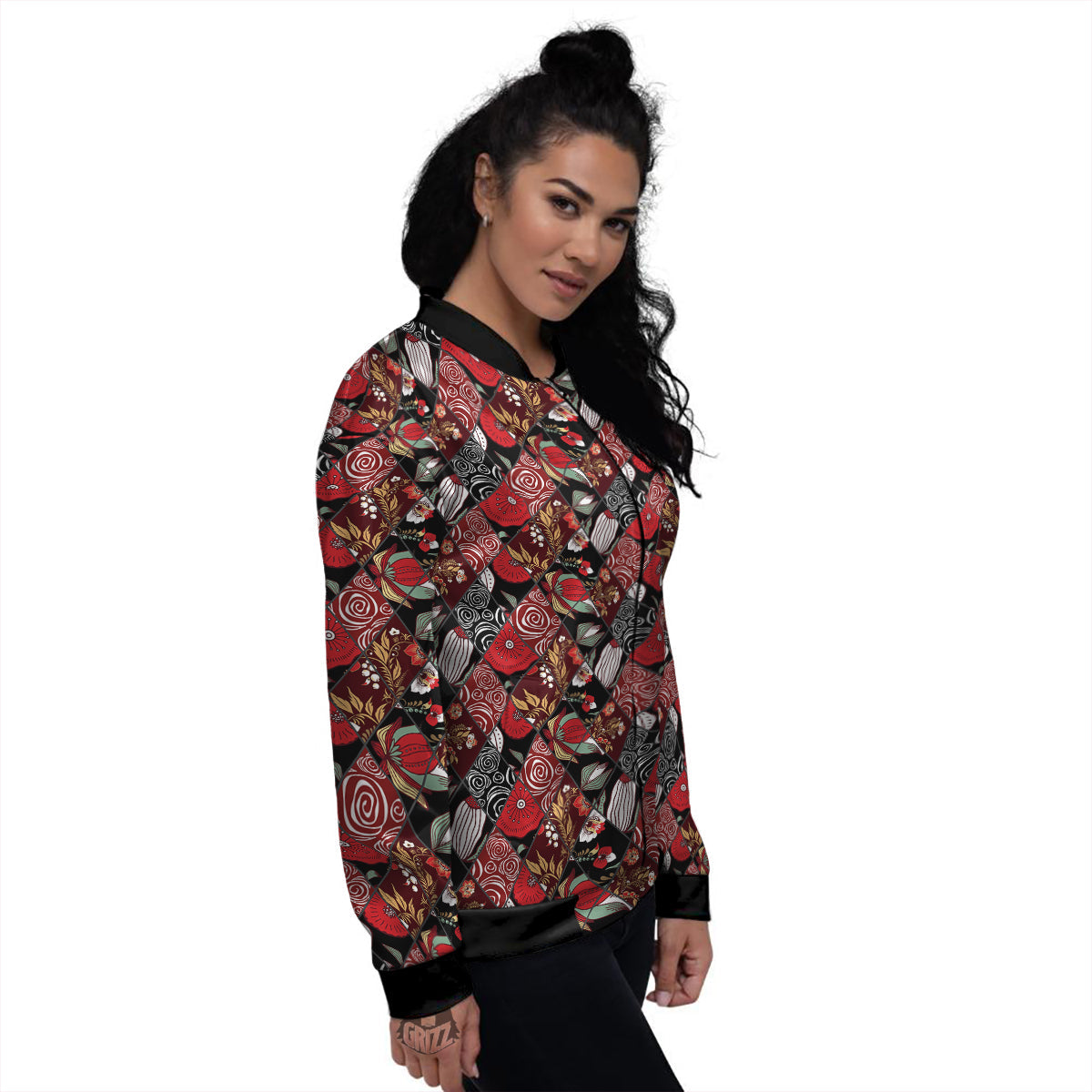 Patchwork Abstract Flower Print Pattern Women's Bomber Jacket-grizzshop