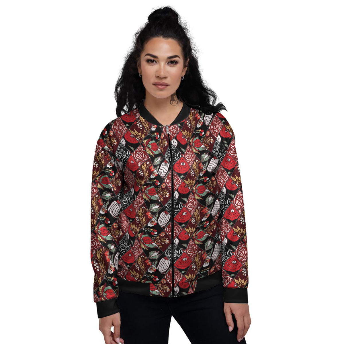 Patchwork Abstract Flower Print Pattern Women's Bomber Jacket-grizzshop