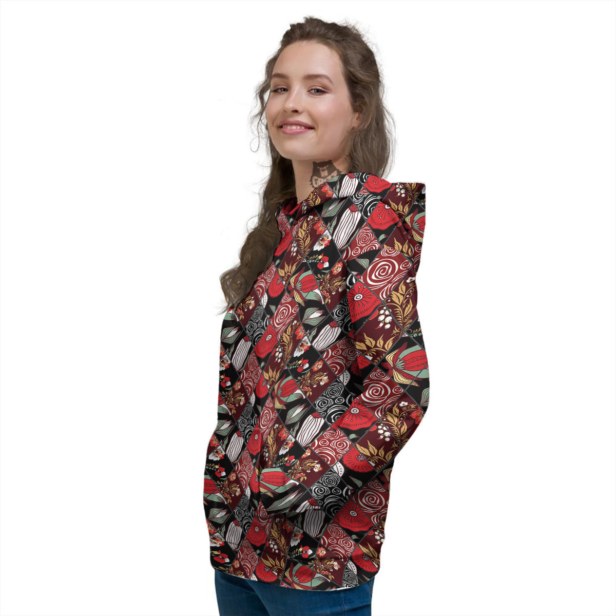 Patchwork Abstract Flower Print Pattern Women's Hoodie-grizzshop