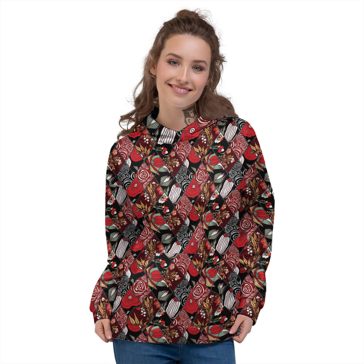 Patchwork Abstract Flower Print Pattern Women's Hoodie-grizzshop