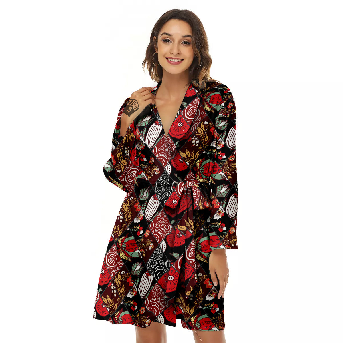 Patchwork Abstract Flower Print Pattern Women's Robe-grizzshop