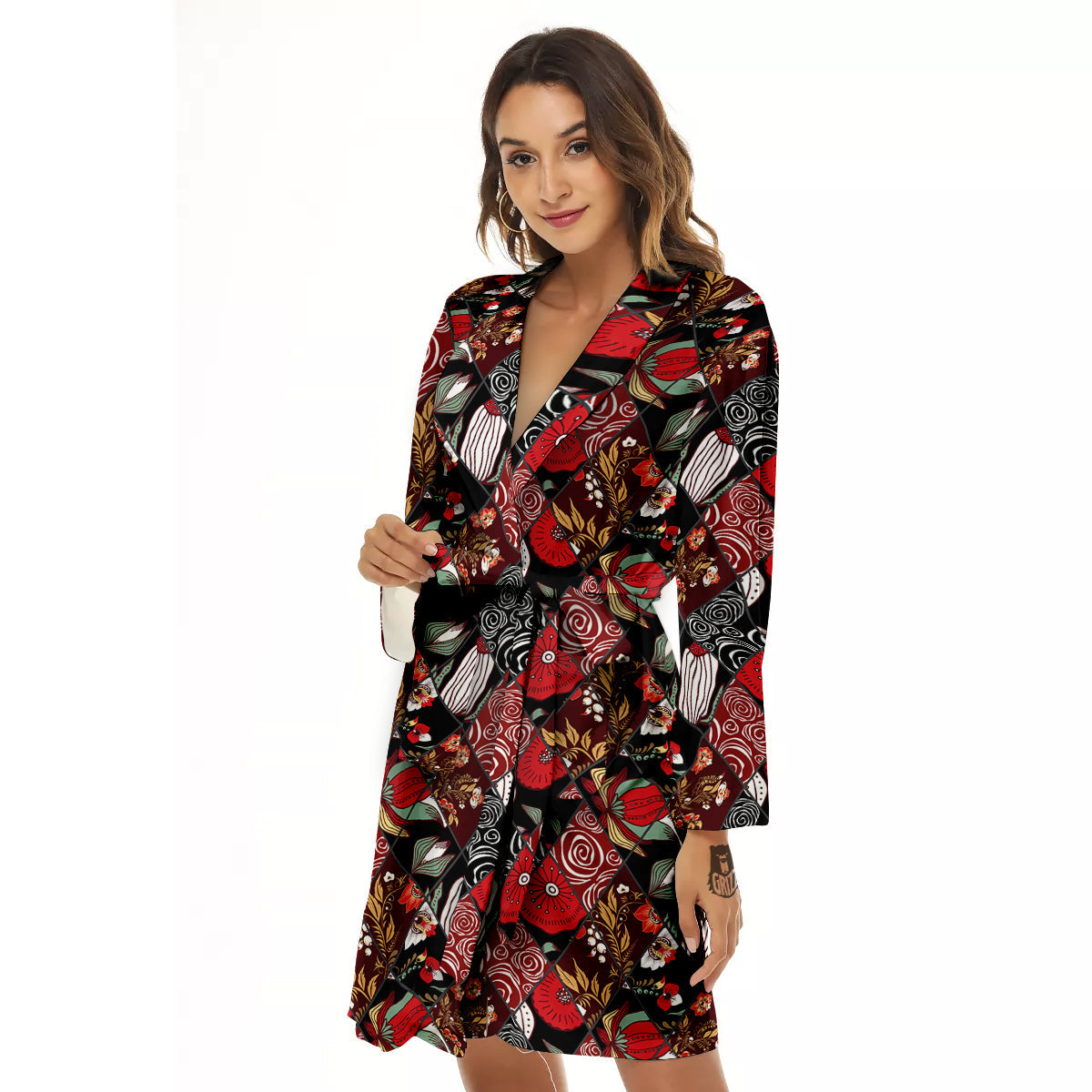 Patchwork Abstract Flower Print Pattern Women's Robe-grizzshop