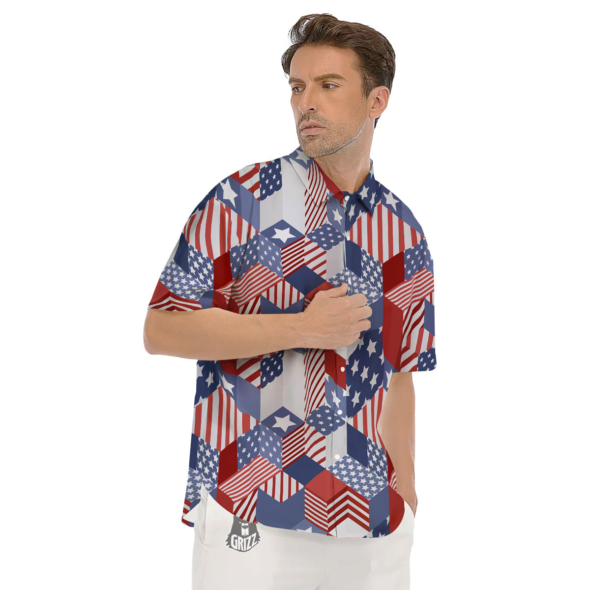 Patchwork American Patriotic Print Men's Short Sleeve Shirts-grizzshop