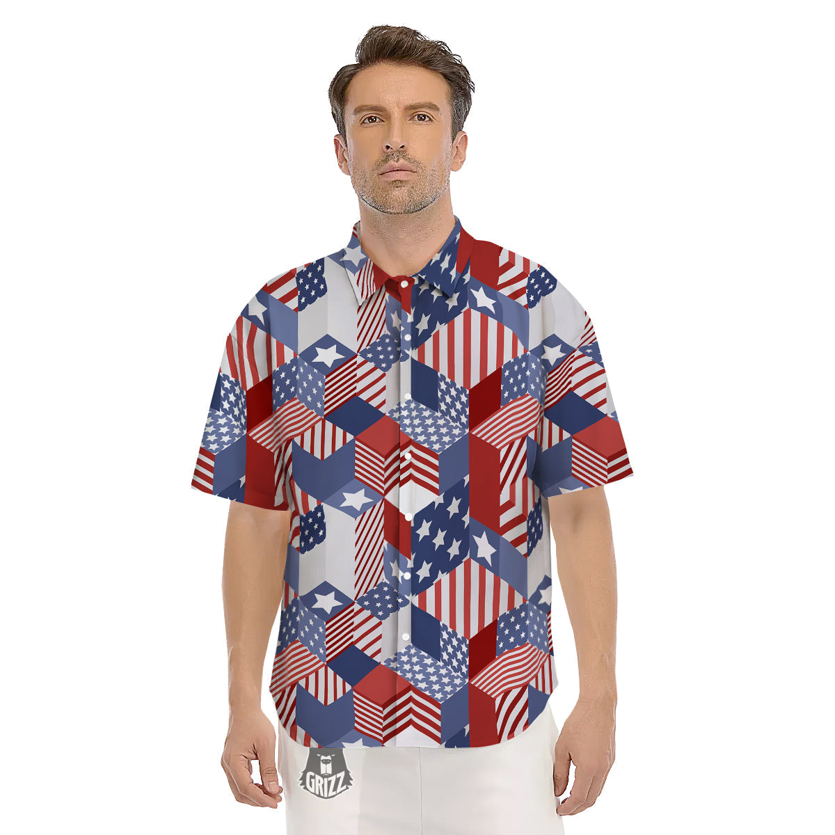 Patchwork American Patriotic Print Men's Short Sleeve Shirts-grizzshop