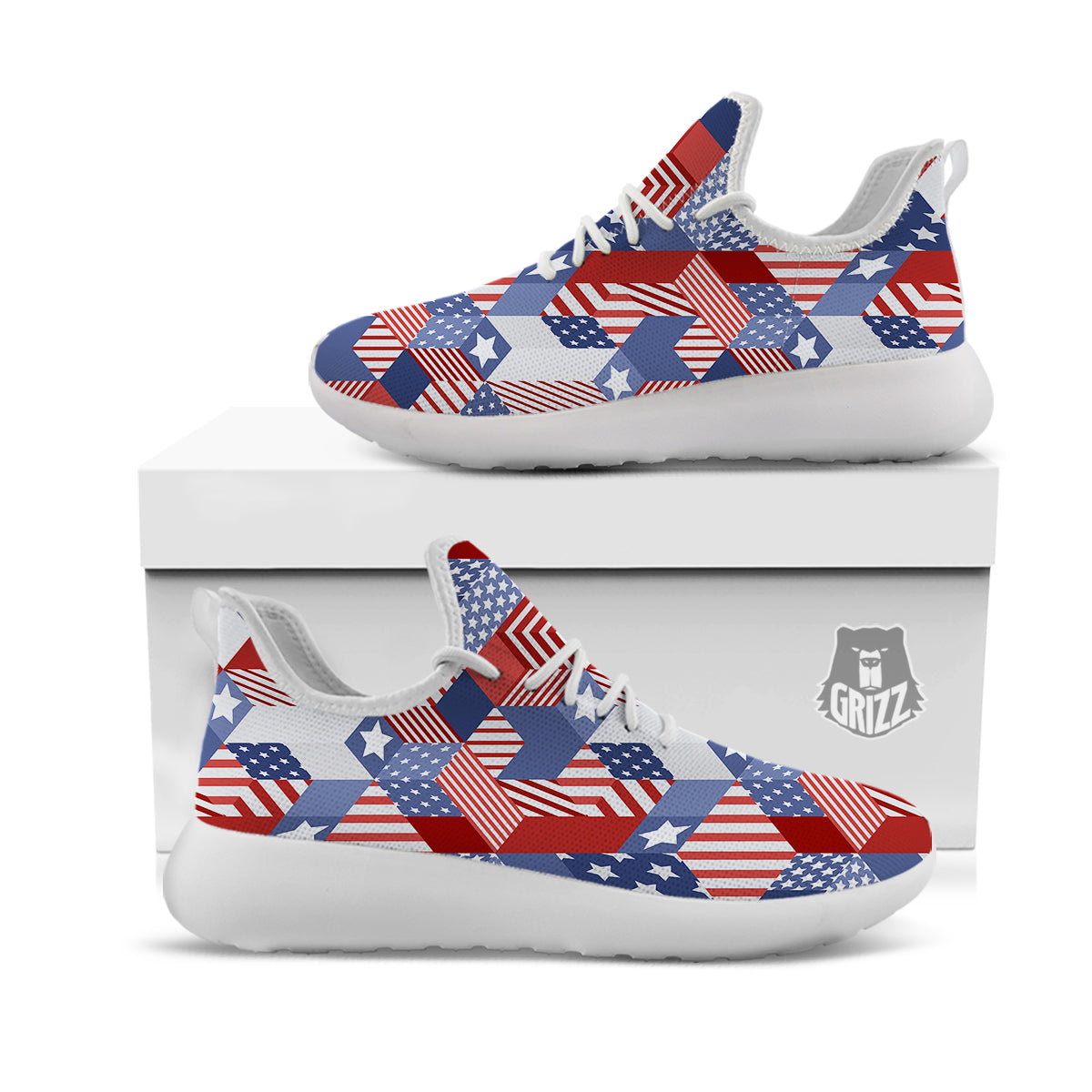 Patchwork American Patriotic Print White Athletic Shoes-grizzshop