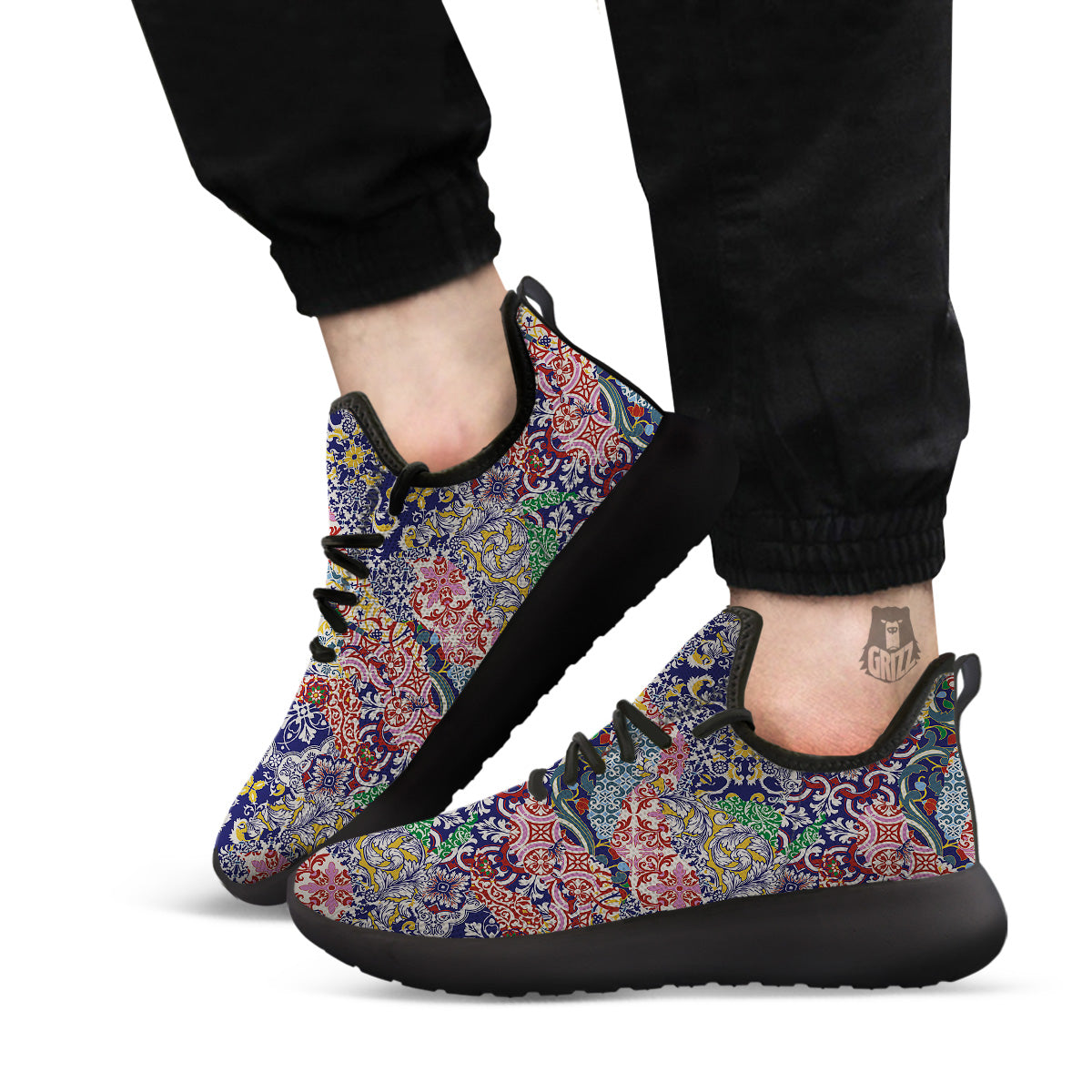 Patchwork Azulejos Tiles Print Pattern Black Athletic Shoes-grizzshop